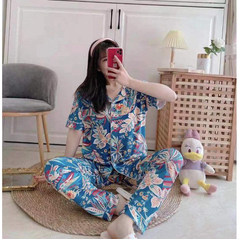 JC- PIYAMA SET Import CP / Piyama wanita Import terbaru / Piyama Import Korean Style-Fully Leaf Navy CP