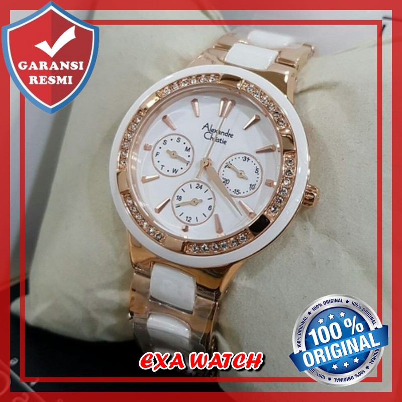 JAM TANGAN WANITA ALEXANDRE CHRISTIE JAM CEWEK ALEXANDER CRISTIE AC2299 WHITE ROSEGOLD KERAMIK