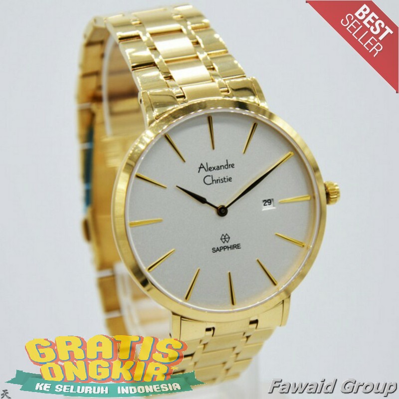 Best Seller Jam tangan Pria ALEXANDRE CHRISTIE AC 8539 PRIA KACA SAPPHIRE GOLD WHITE ORIGINAL