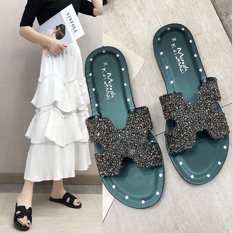 SHOEGALLERY TG0431 SANDAL SLOP WANITA IMPORT MOTIF MANIK SANDAL JALAN WANITA