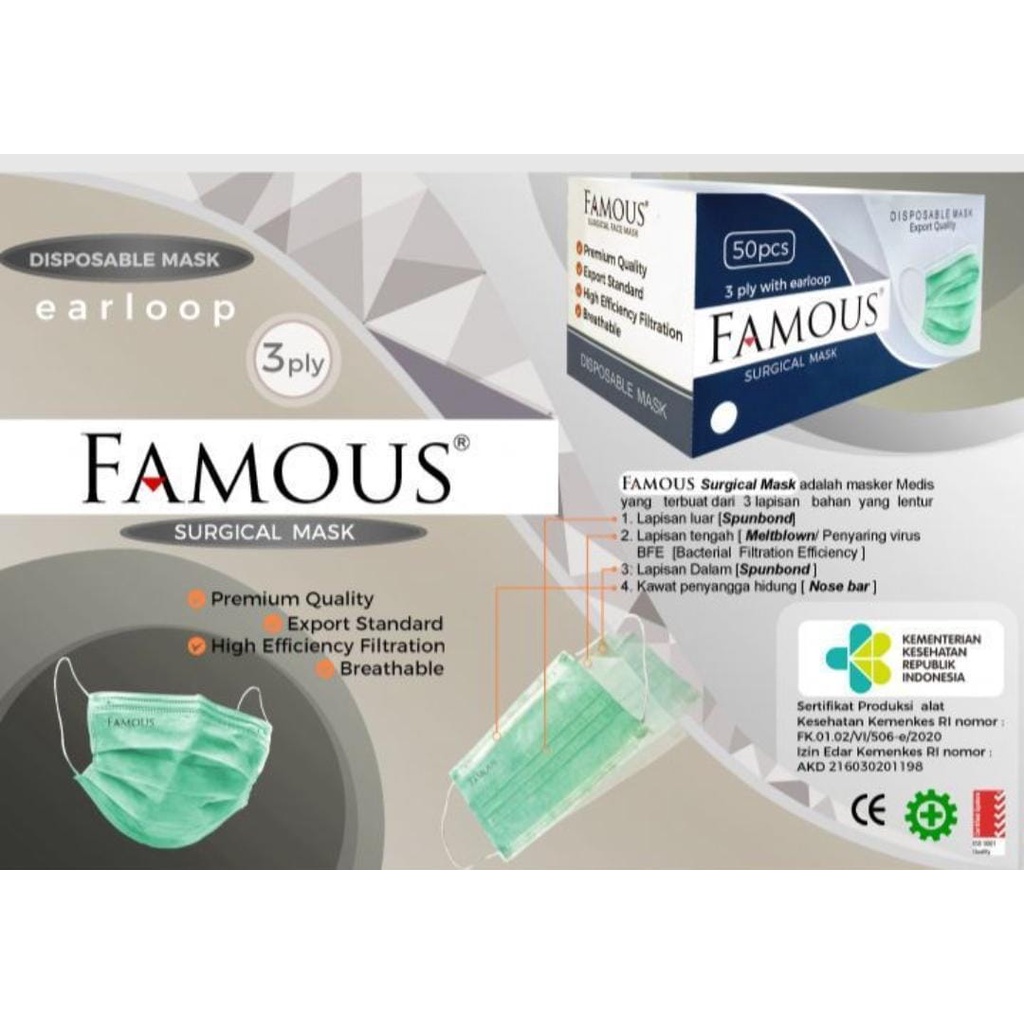 FAMOUS 3PLY SURGICAL MASK - MASKER MEDIS FAMOUS BEDAH 3PLY EMBOS KEMENKES RI Akd BOX ISI 50 PCS - HIJAU GREEN