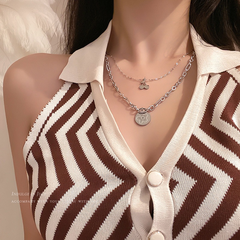 Kalung Rantai Multi Layer Liontin Cherry Daisy Warna Silver Untuk Wanita