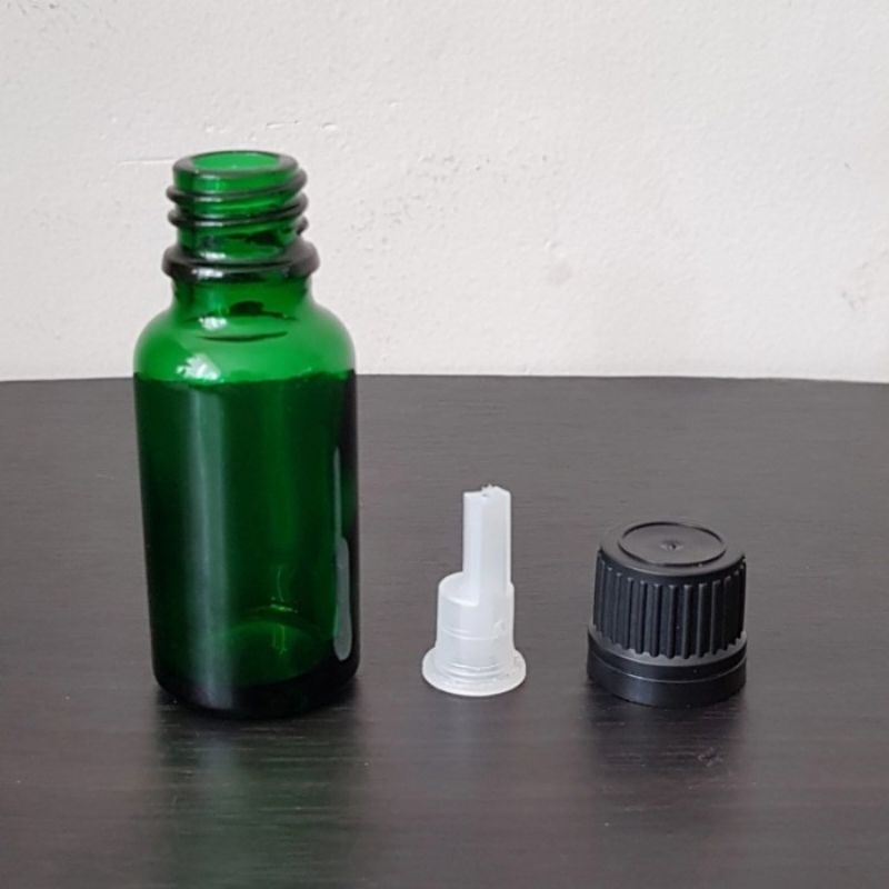 botol kaca 20ml tebal hijau tutup filler hitam / botol kaca essential oil 20ml