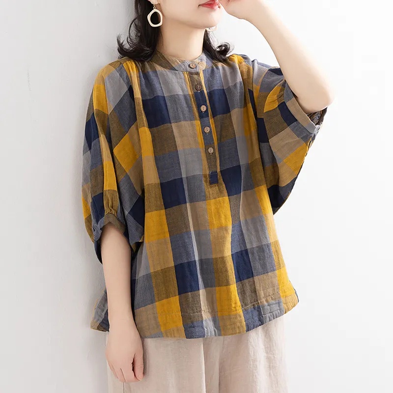 Musim Panas Katun Linen Kemeja Baru Sastra Retro Kemeja Kotak-kotak Longgar Wanita Korea