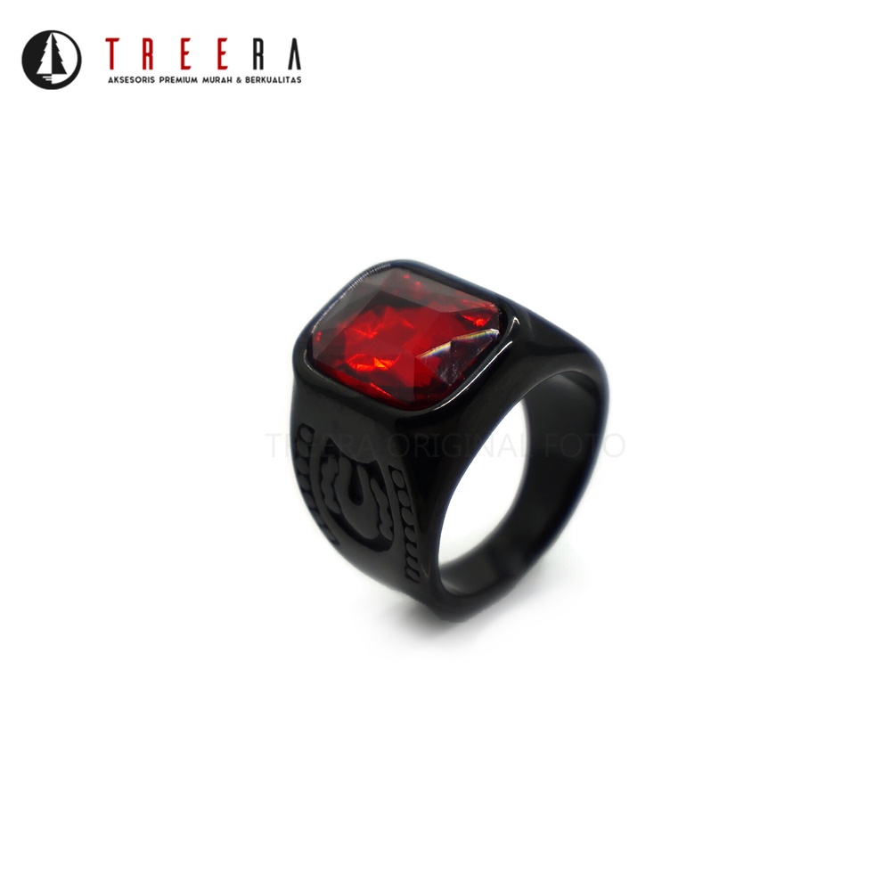 Treera - Cincin Titanium Pria Hitam Batu Cristal Merah Original