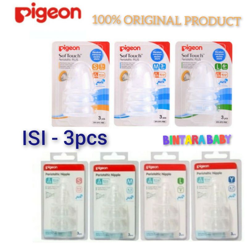 ISI 3 Pigeon Peristaltic Plus  Soft Touch Size L 6m+ / Dot Pigeon wide neck slim neck / Karet Botol Susu Pigeon ORIGINAL Kemasan Blister isi 3