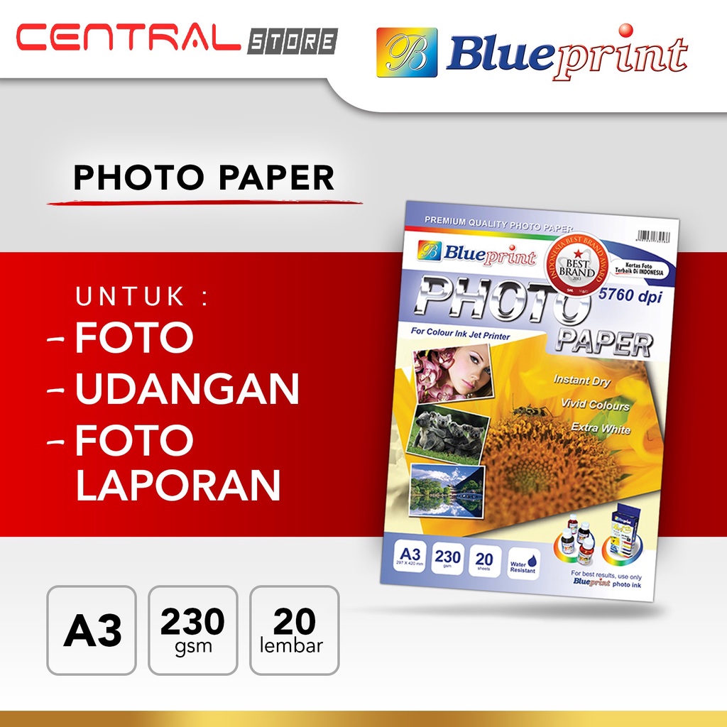 

Photo Paper BLUEPRINT A3 Glossy 230 gsm 20 Lembar Kertas Foto Matahari