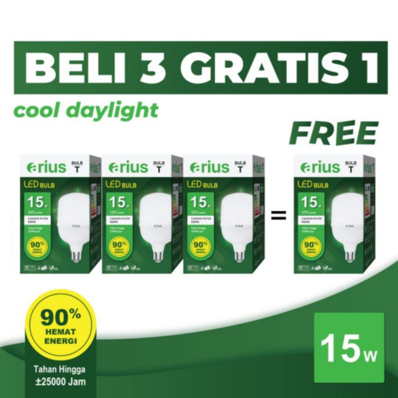 Arius Lampu LED Bulb/ Bohlam LED Kapsul Bergaransi Hemat Energi 15Watt 3 Free 1