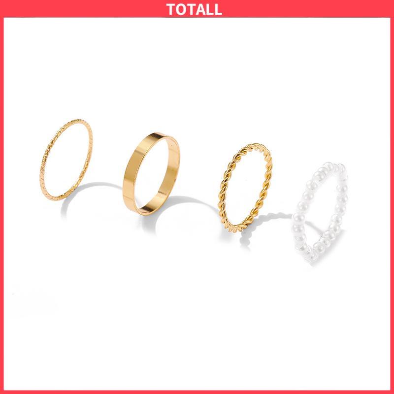 COD Korea Wanita Mutiara Cincin Wanita Emas Cincin Logam Set Fashion Perhiasan Aksesoris-Totall