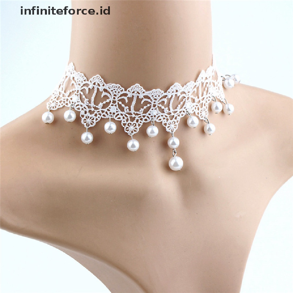 Kalung Choker Bahan Lace Aksen Mutiara Untuk Wanita