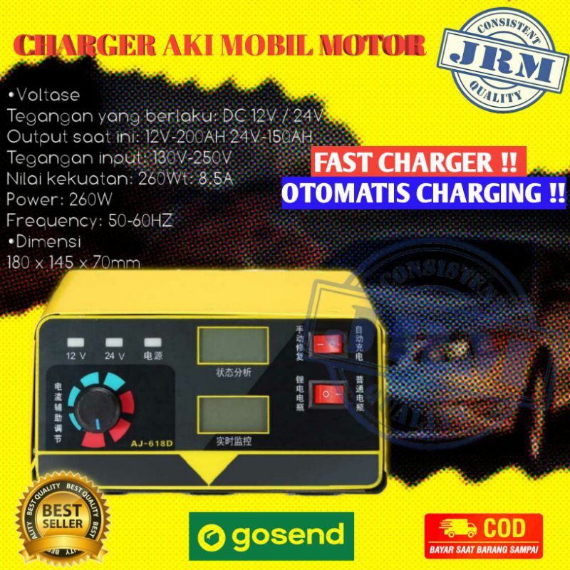 Alat Cas Aki/Charger Aki Charger Accu Alat Cas Aki Mobil Motor Otomatis Fast Charger  Lcd 260W 400AH