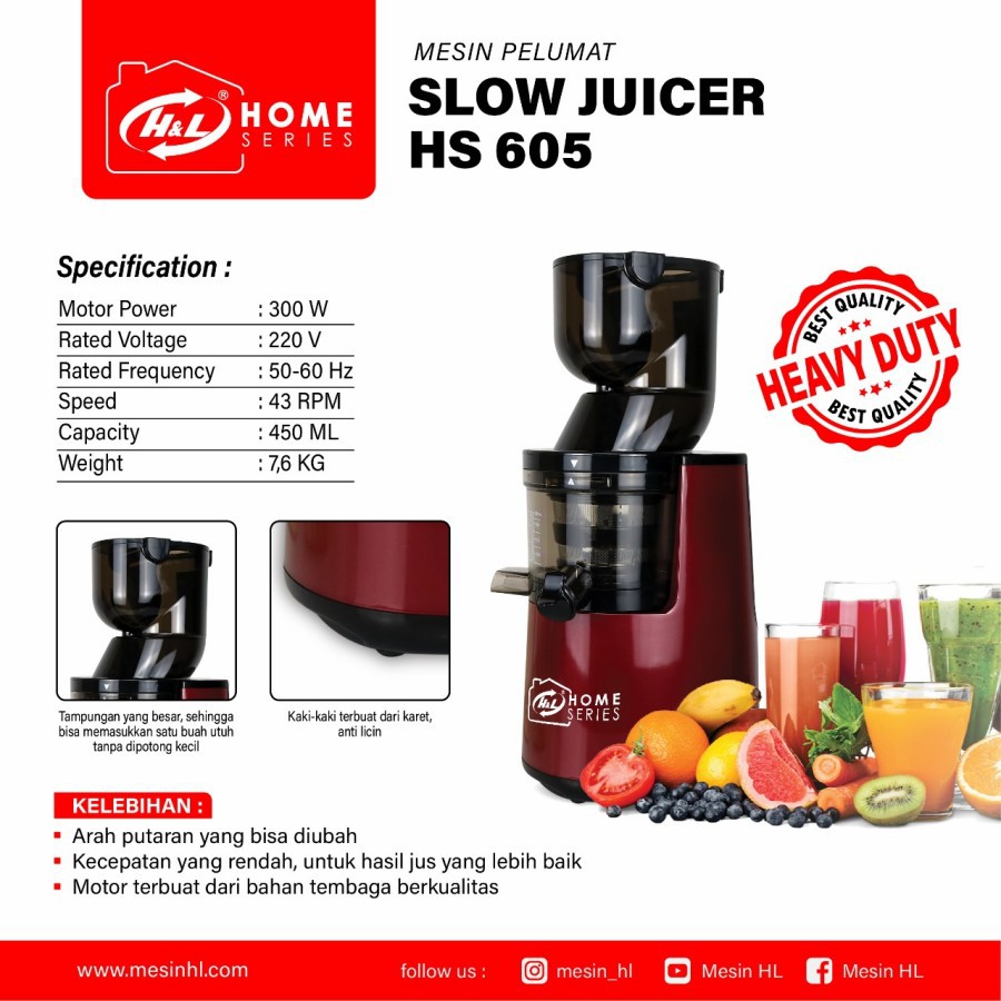 Slow Juicer H&amp;L Mesin Pelumat Buah Jus HS 605