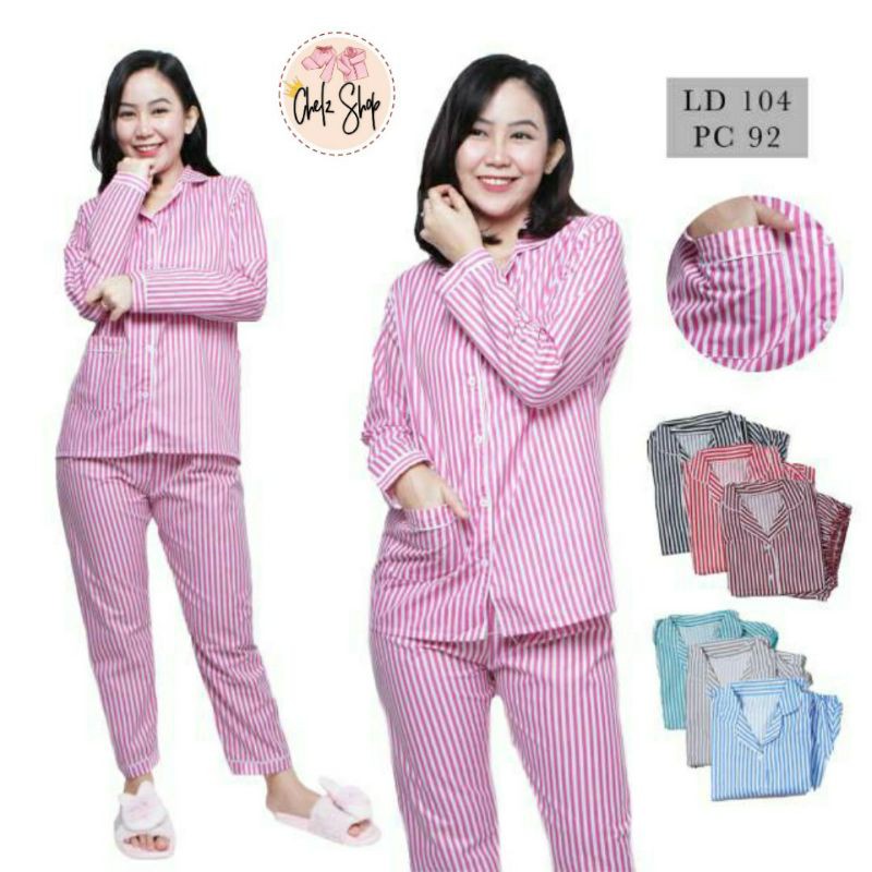 Baju Tidur Piyama Wanita/Cewek Motif Salur/Stripe Pajamas Dewasa Katun