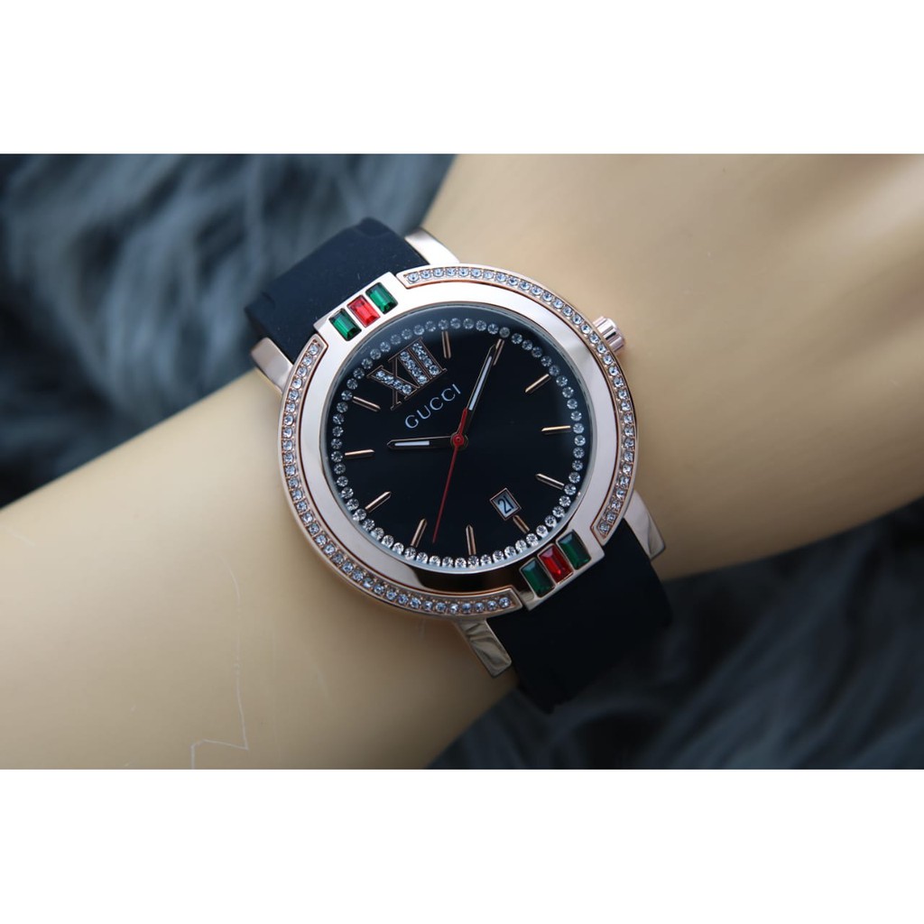 Jam Tangan Wanita Analog New Model Gucci Premium Tanggal Tali Rubber