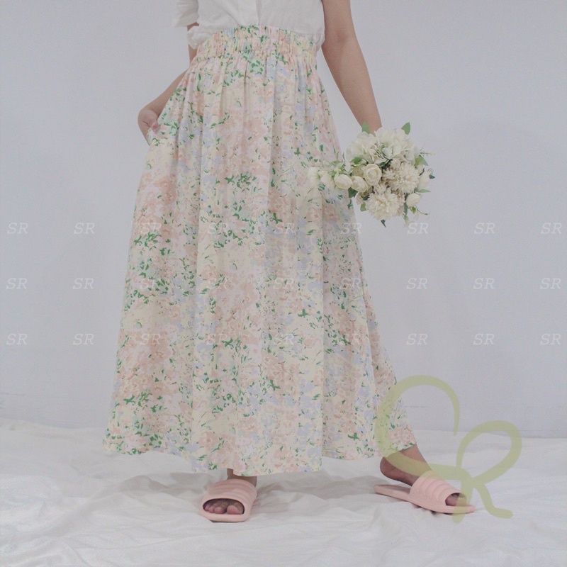 Rok Wanita Panjang Korean A Line Maxi Motif Floral Cantik Premium Ringan Dingin-No.03