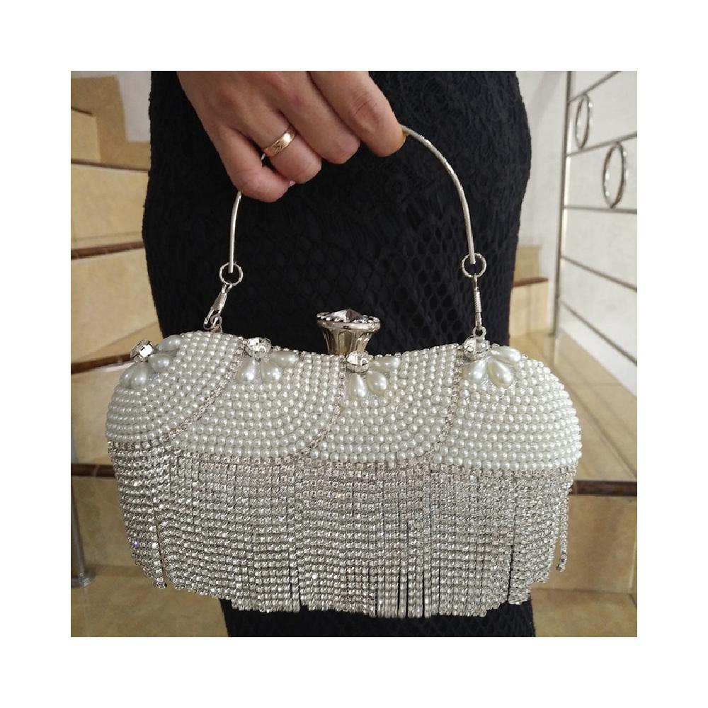 Tas Pesta Kristal Mutiara Import Mewah Premium Gagang Silver 7005 - silver