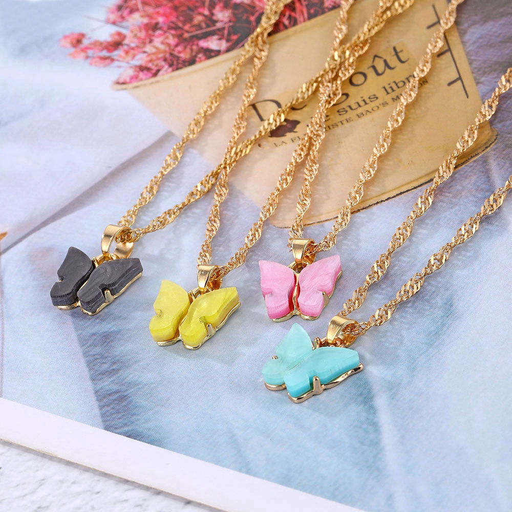 Kalung Choker Elegan Dengan Liontin Kupu-Kupu Warna Pink/Gold Untuk Wanita 2020