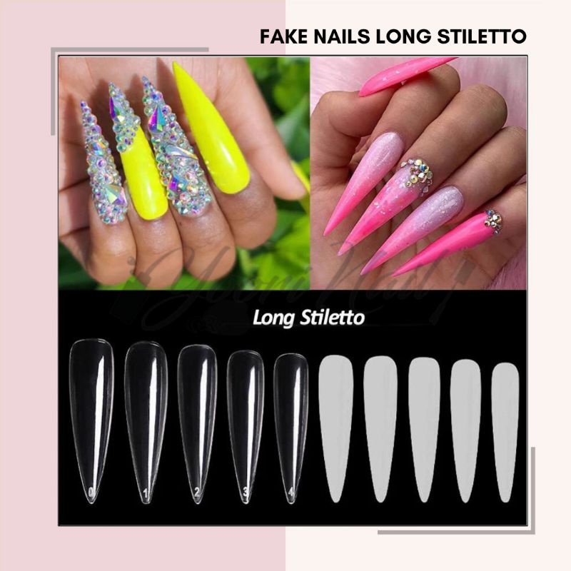 Fake nails long stiletto 500pcs kuku palsu runcing lancip sharp nails clear cream natural