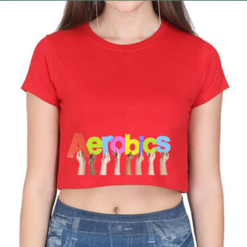 Clothing May - Kaos Crop Top Aerobics Merah Kaos Distro Croptop Atasan Krop Top Wanita Cewek Viral