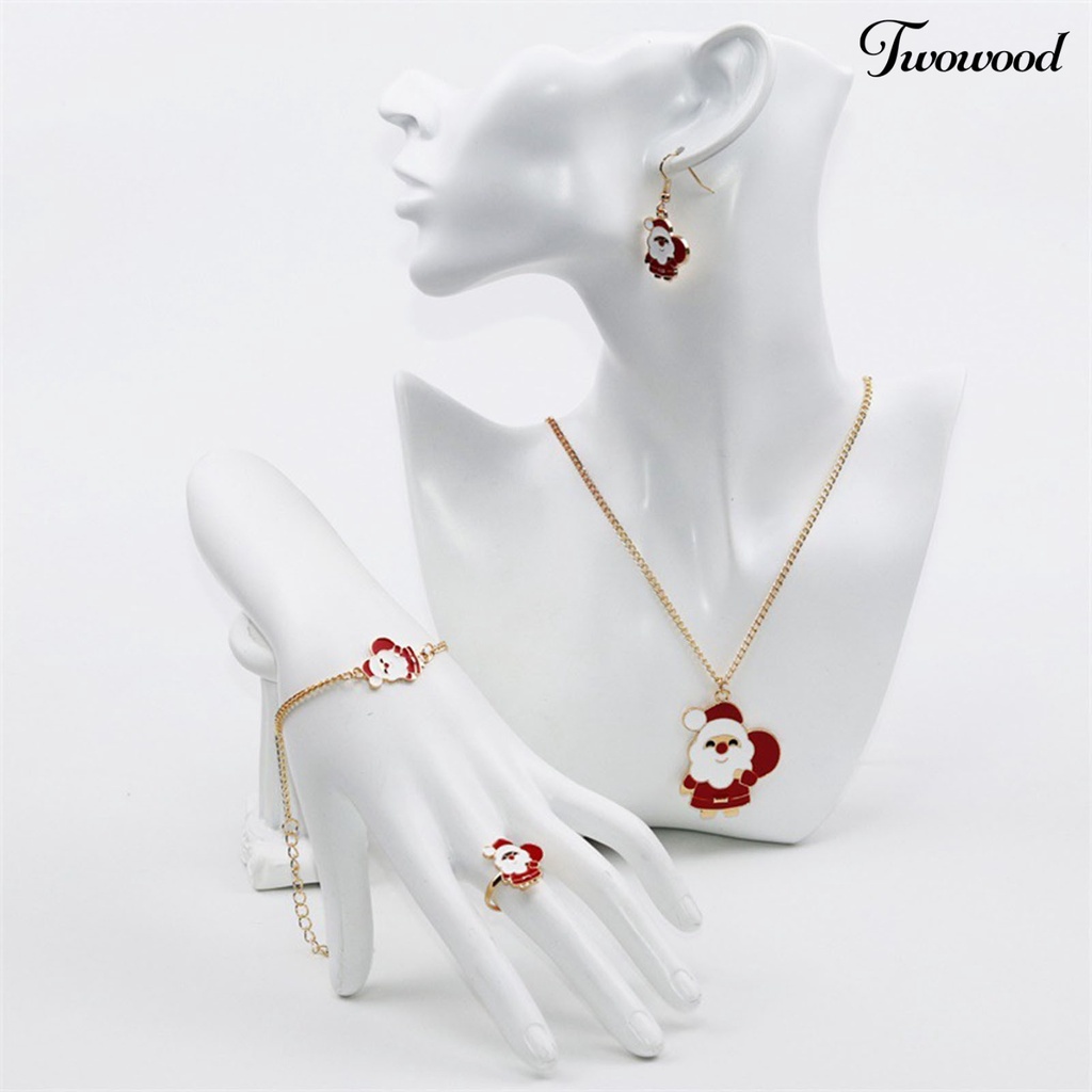 4pcs / Set Perhiasan Kalung Anting Cincin Gelang Liontin Rusa Natal Warna Terang Bahan Alloy