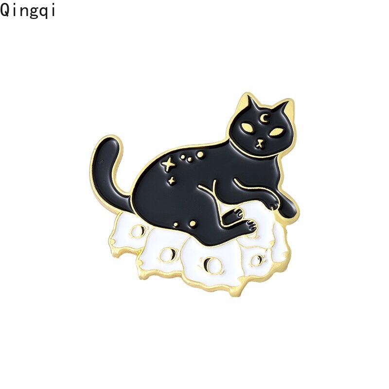 Bros Pin Enamel Desain Hantu Kucing Tengkorak Bintang Warna Hitam Gaya Gothic Punk Untuk Hadiah Halloween