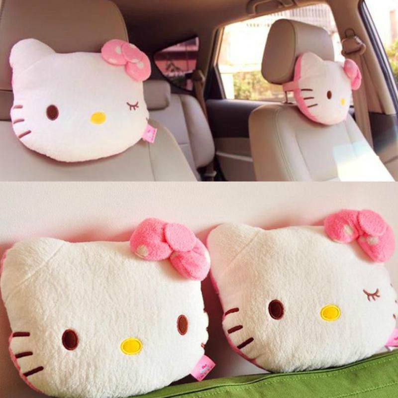 Bantal Leher Universal Motif Hello Kitty Warna Pink Untuk Headrest Mobil