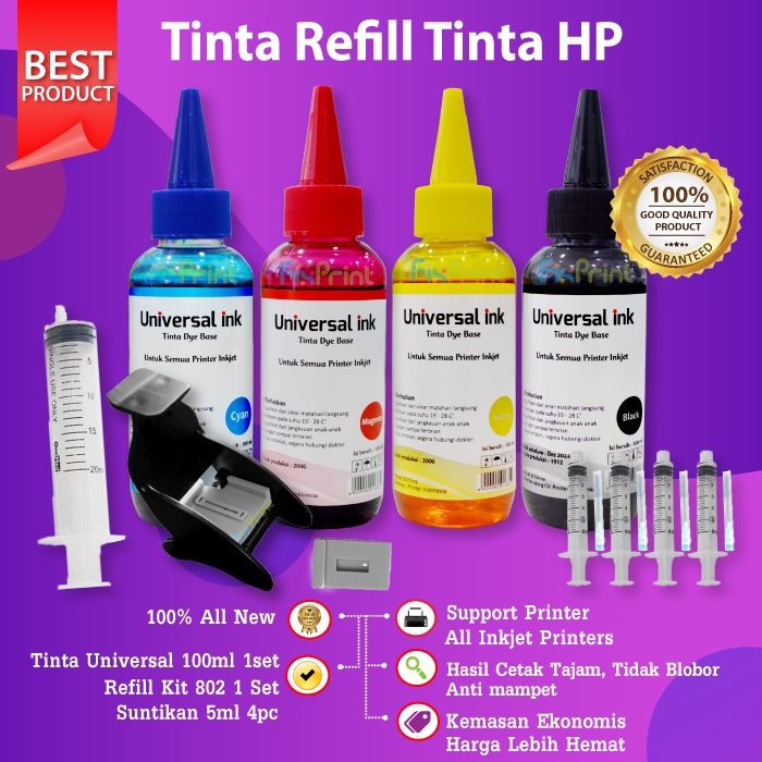 Paket Tinta Refill 100ml Cartridge Printer HP 680 682 802 803 703 704 46 685 Spuid + Refill Tool Kit