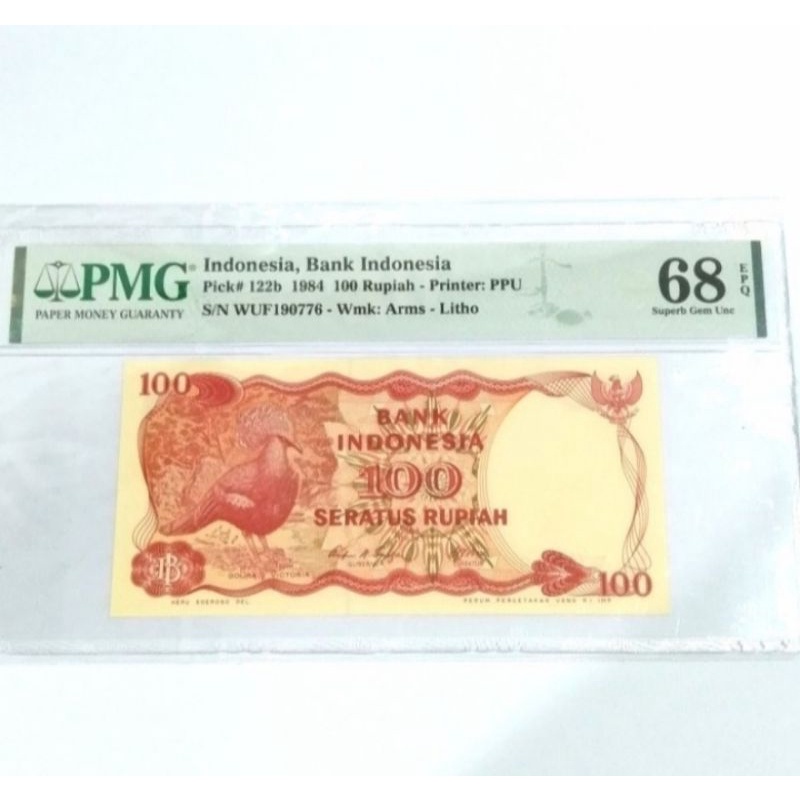 Uang Kertas Kuno 100 Rupiah 1984 GOURA Sertivikasi PMG 68 EPQ TOP POP