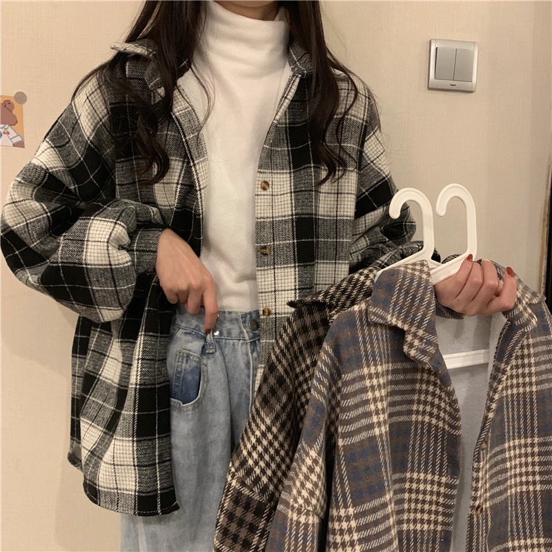 Kemeja Flanel Wanita BB45-70kg Blouse Kotak Kotak Baju Korean Style Wanita Outer Kemeja-4