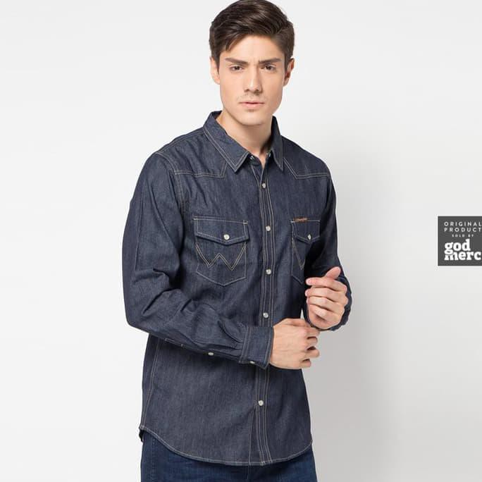 ORIGINAL Wrangler Newwestrn Slim Denim Kemeja Pria - Navy, S