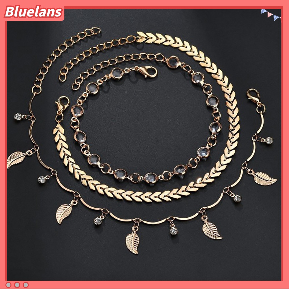 3pcs / Set Gelang Kaki Rantai Multilayer Bentuk Daun Untuk Wanita