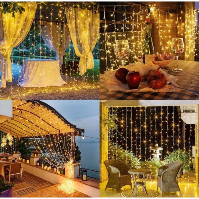 Lampu Natal Tirai Hias Cafe Wedding Pesta Lampu Tumblr Tirai Led  Ukuran 3x3M Warm White