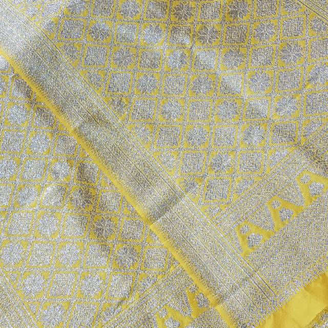 Songket palembang asli sutra alam asli benang 1 helai lepus kuning motif nampan perak kristal silver