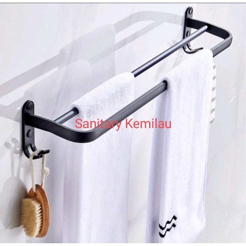 Gantungan Baju Lipat 2 susun HITAM Stainless 304 - Rak Handuk 2 Batang Lipat + Kapstok Stenlis BLACK