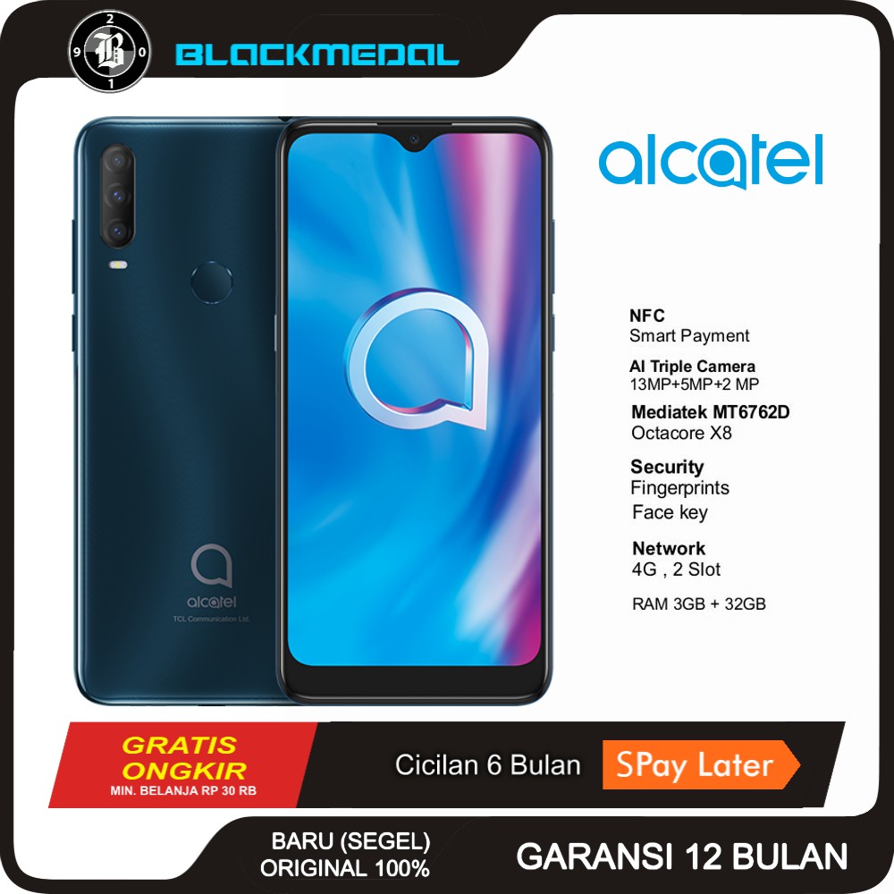 Alcatel 1S Green New 2020 (NFC) Triple Camera Baru Segel Resmi Original Garansi 1 Tahun