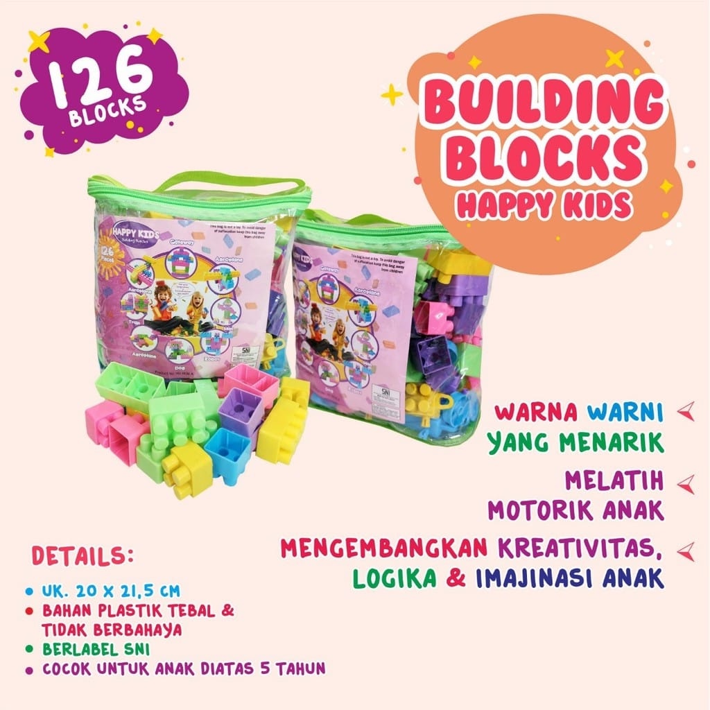 Mainan Edukasi Building Blocks Bricks Happy Kids Isi 60/65/126/216/316 PCS - Balok Susun - Block SNI