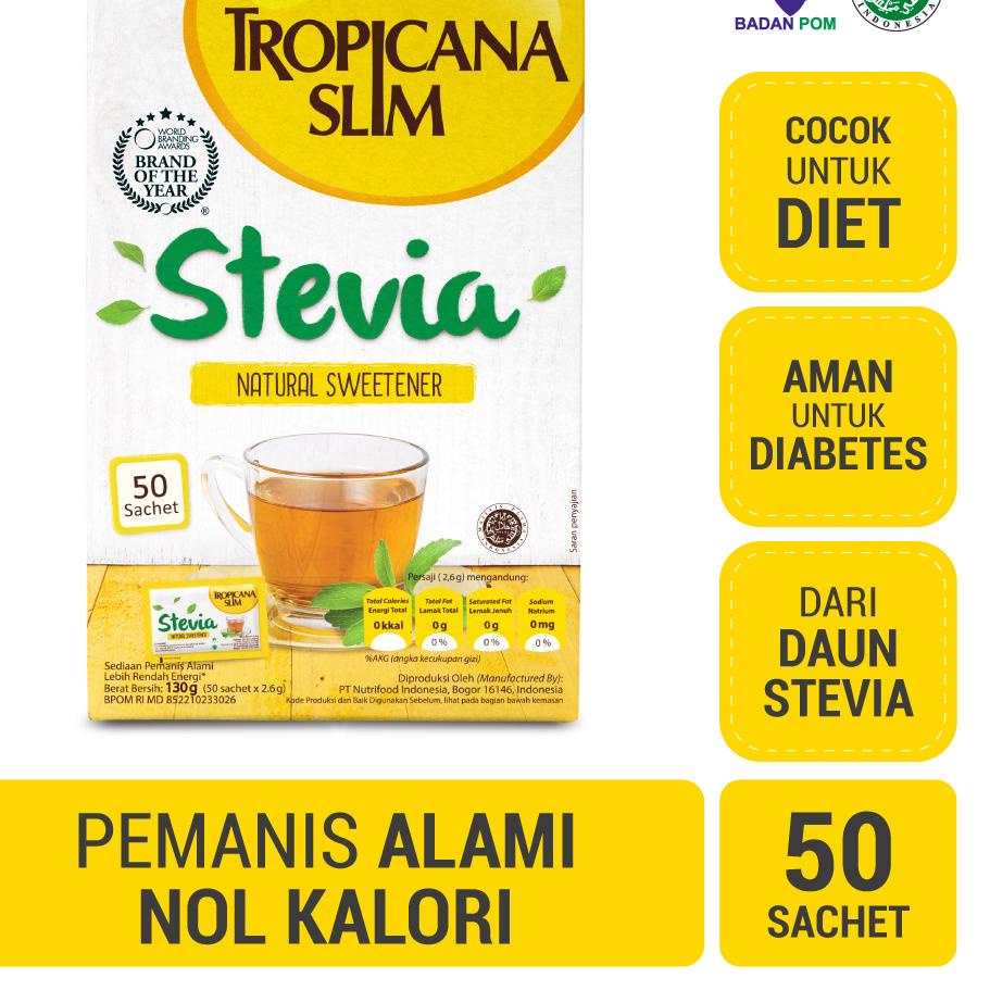 

Kekinian Tropicana Slim Sweetener Stevia 50 sachet - Pemanis Alami untuk Batasi Gula