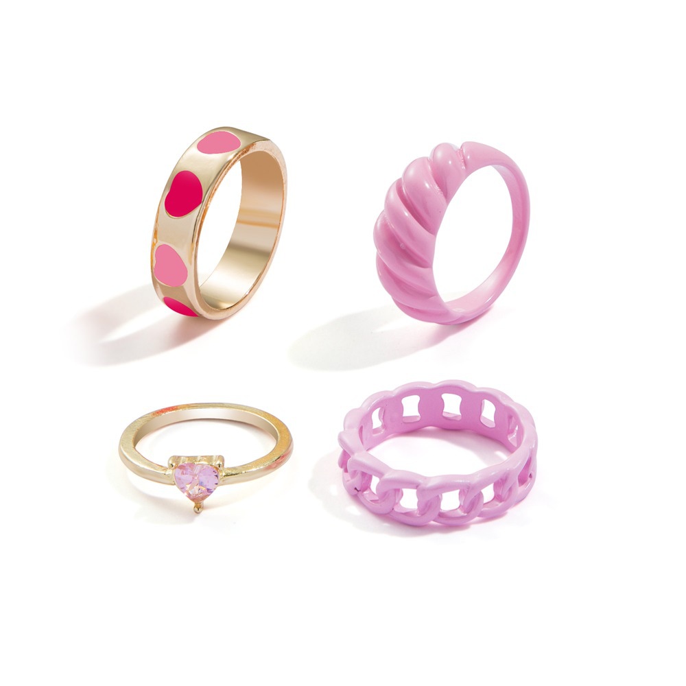 Y2K 4pcsset Cincin Resin Desain Hati Hollow Hias Berlian Pink Gaya Trendy Untuk Wanita