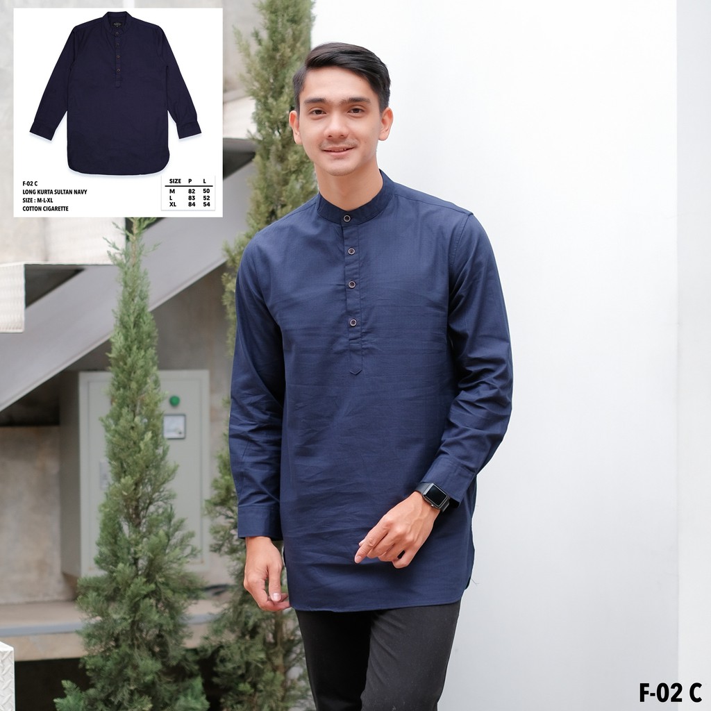 Baju koko kurta lengan panjang biru Navy