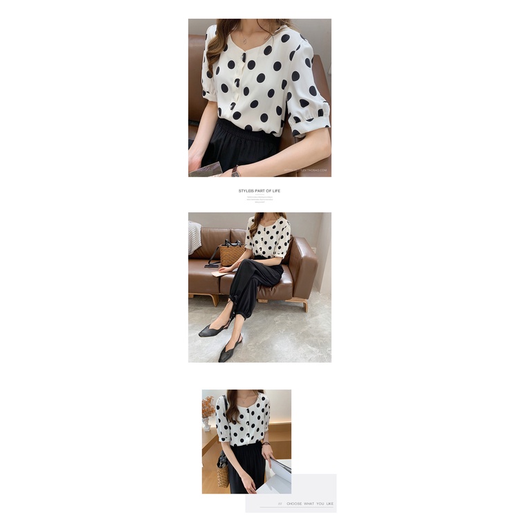 #Sisjuly# Wanita musim panas baru retro gaya barat polka dot kemeja sifon atasan lengan pendek wanit