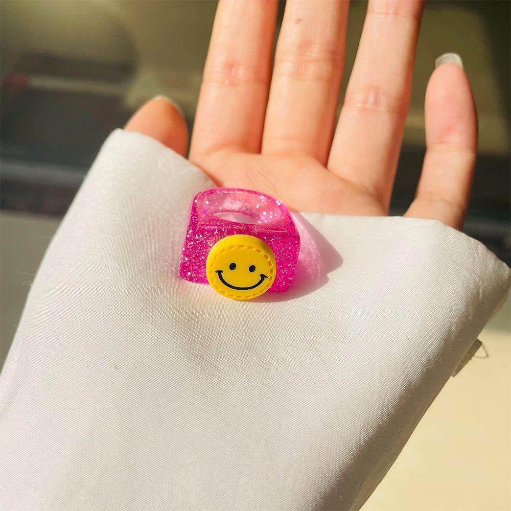 Mxbeauty Cincin Transparan Wanita Gadis Hadiah Glitter Smiley Face Shine Kartun Kristal Aksesoris Fashion