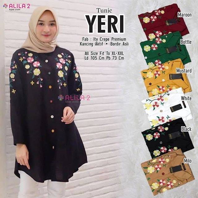 Tunik yeri bahan ity crepe premium | tunik crepe | tunik bordir motif bunga | tunik lengan panjang