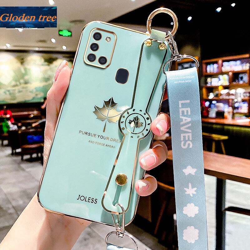 Case Motif Daun Maple Dengan lanyard Untuk Samsung Galaxy A21S