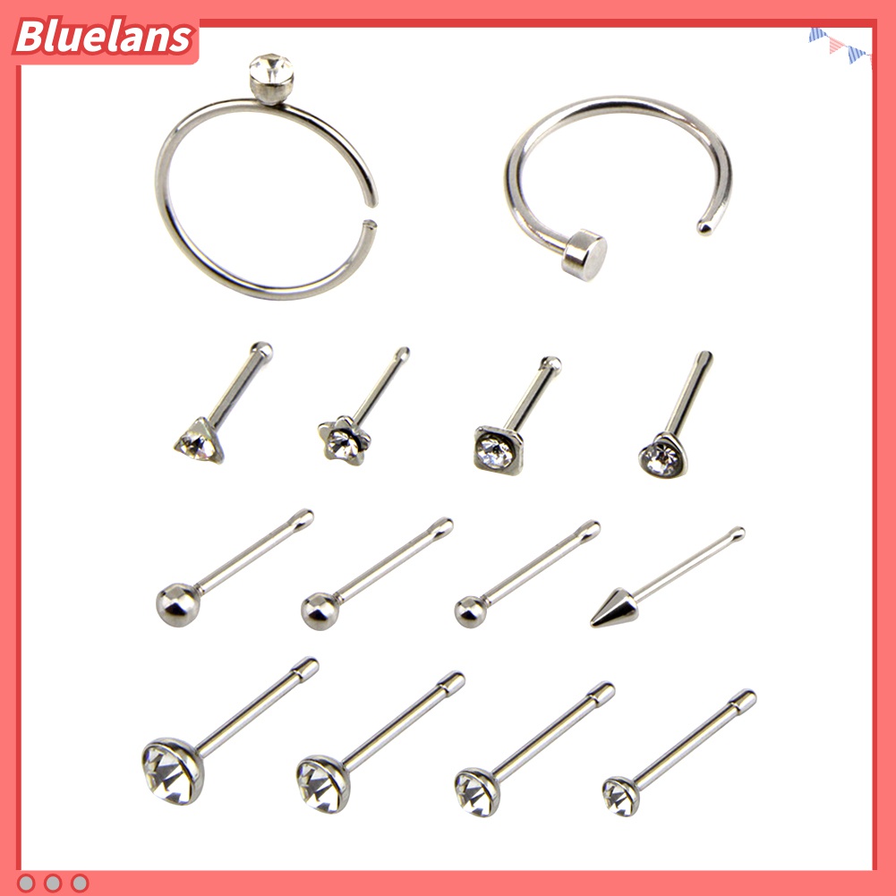 14pcs / Set Anting Tindik Hidung Bentuk C / O Aksen Berlian Imitasi Bahan Stainless Steel Untuk Unisex