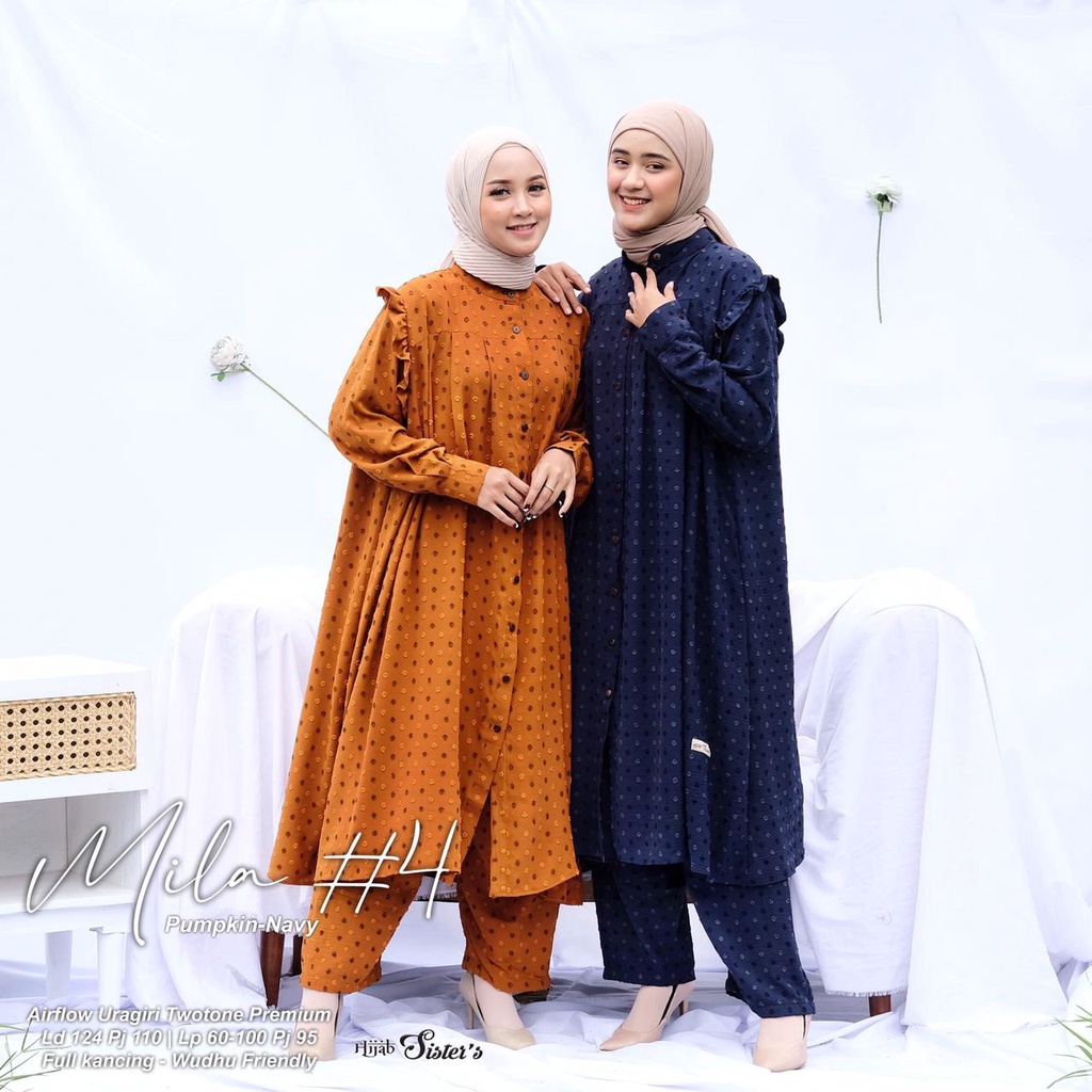 Hijab Sisters Mila One Set Baju Setelan Wanita Long Tunik Bahan Airflow Premium LD 124-1