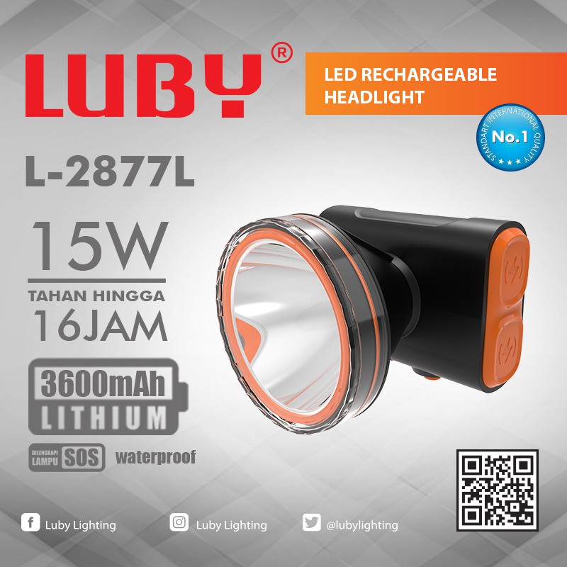 Headlamp Luby LED L2877 senter kepala 15 watt cas ulang