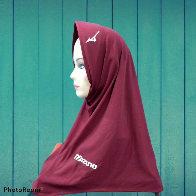 Hijab Sport Hijab Instan Sport Kerudung Olahraga Volly, Bersepedah, Joging Berlogo MIZUNO-Marun