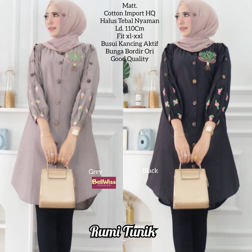 rumi tunik by bellwiss ld 110 allsize fit xl-xxl busui tunik bahan cotton import halus motif bordir 