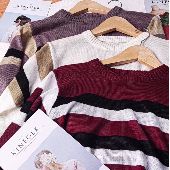 HOPYLOVY - Sweater Rajut Halus Atasan Wanita List Stripe Angela