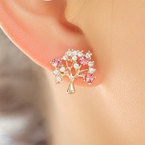 Hu Hu Hu Hu Hu Alat Bantu Pasang Kacamata♡ Anting Stud Bentuk Pohon Kecil Aksen Mutiara Berlian Imitasi Untuk Wanita